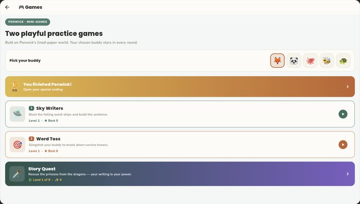 The games menu, unlocked by writing, on an iPad